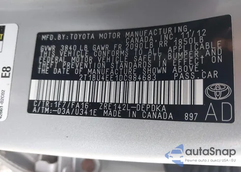 2013 Toyota Corolla L from USA, damaged, VIN 2T1BU4EE1DC984683
